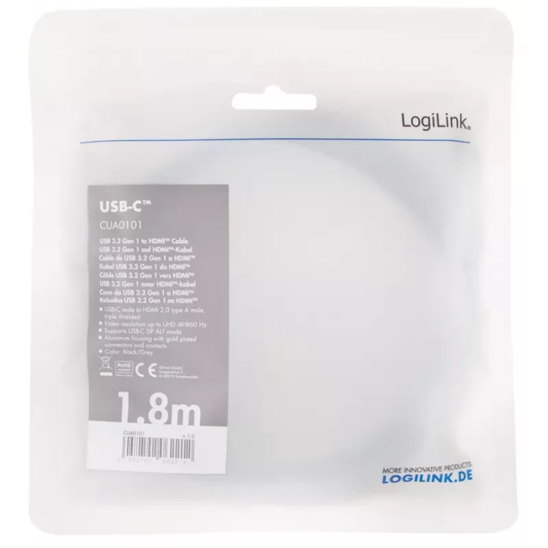 LogiLink CUA0101 USB 3.2 Gen1 Type-C į HDMI-A laidas 1,8 m juoda pilka