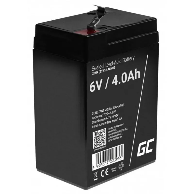 UPS baterija Green Cell AGM15, 6 V, 4 Ah, sandari švino rūgštinė (VRLA), juoda, 680 g