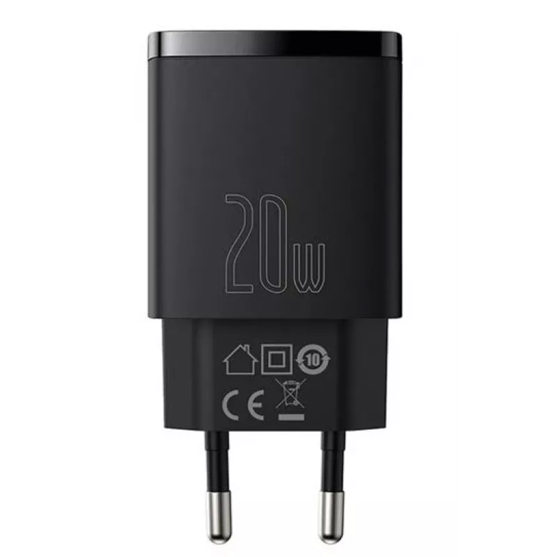 Vidinis USB greitasis įkroviklis Baseus CCXJ-B01 – 2 prievadai (USB-C PD 20W + USB-A QC3.0 18W), 100–240 V, juodas