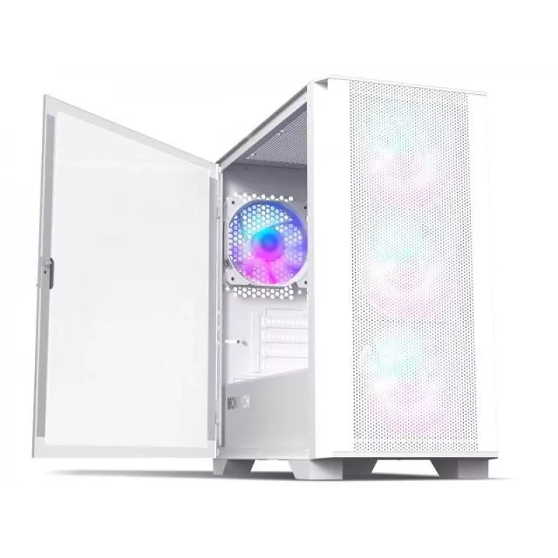 Montech AIR 100 ARGB MICRO-ATX korpusas su keturiais iš anksto sumontuotais ARGB ventiliatoriais, itin minimalistinis dizainas, smulkaus tinklelio priekinis skydelis, didelis oro srautas, unikalus šoninis skydelis