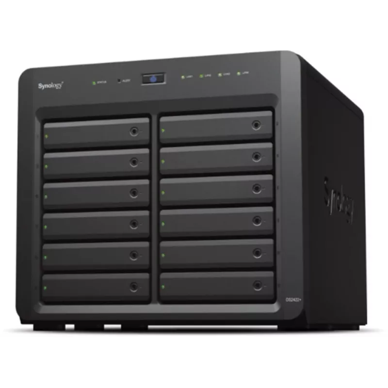 NAS Synology DS2422+; Tower; 12x (3.5 SATA HDD/2.5 SATA HDD/2.5 SATA SSD); AMD Ryzen V1500B;,4 GB DDR4 (maks. 32GB),4 x 1GbE RJ-45