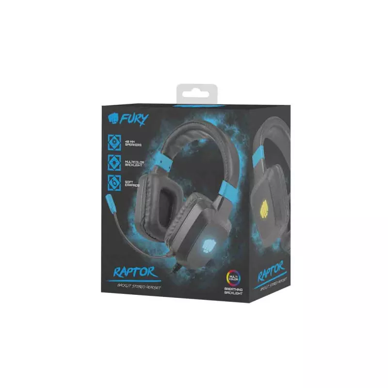 Laidinės žaidimų ausinės Fury NFU-1584 su lankstiniu mikrofonu, ausį apgaubiančios, 98 dB, 15–25000 Hz, 2 m laidas, USB ir 3,5 mm, mėlynos