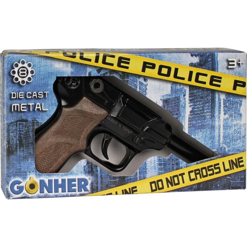 Metalinis žaislinis policijos revolveris Gonher 8 šūvių, metalinė konstrukcija, modelis 258441
