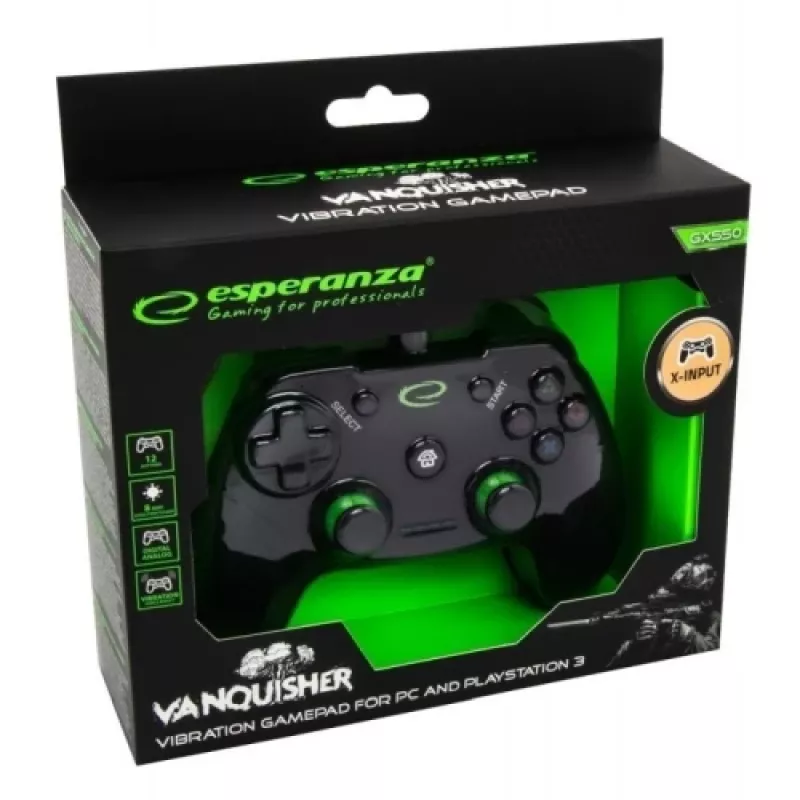 Žaidimų pultelis ESPERANZA EGG110K laidinis USB su vibracija, 12 mygtukų, 1,5 m laidas – PC ir PS3