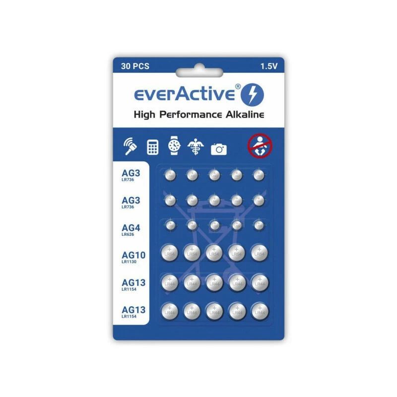 Šarminės baterijos everActive AGMIX30BL 1,5 V — pakuotėje 30 vnt., sagos/monetos formos elementai