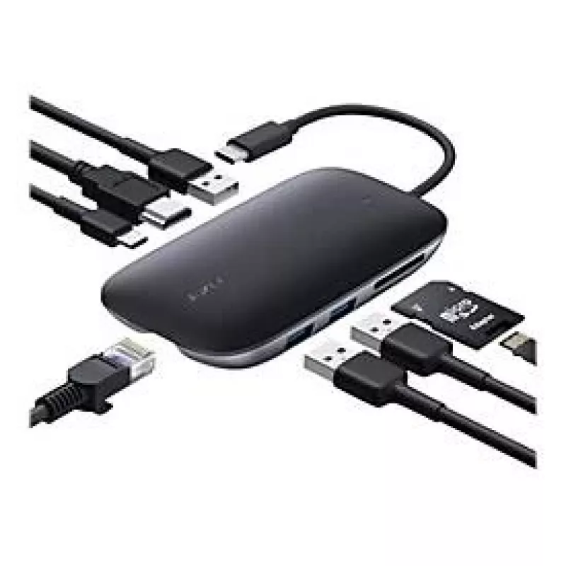 Nešiojamojo kompiuterio dokas AUKEY CB-C71 — 3x USB‑C (USB 3.2 Gen1), HDMI, RJ‑45, MicroSD, USB PD 100 W, 0,15 m kabelis, juodas
