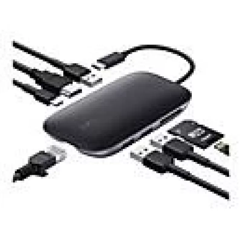 Nešiojamojo kompiuterio dokas AUKEY CB-C71 — 3x USB‑C (USB 3.2 Gen1), HDMI, RJ‑45, MicroSD, USB PD 100 W, 0,15 m kabelis, juodas