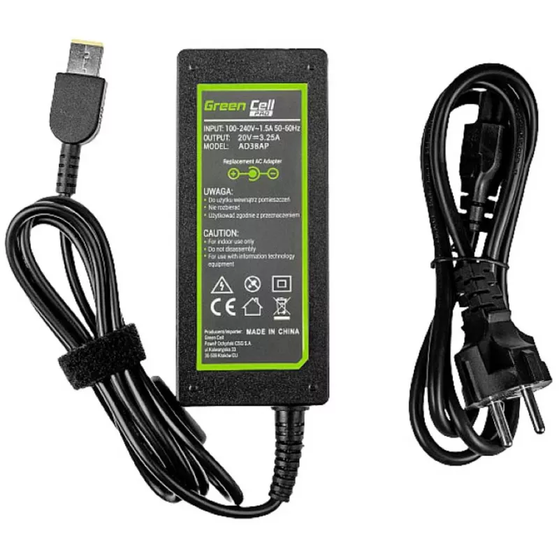 Maitinimo adapteris Green Cell AD38AP 65W, skirtas Lenovo nešiojamiesiems kompiuteriams, 20V 3,25A, 1,2 m laidas, juodas
