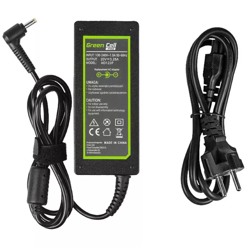 Maitinimo adapteris Green Cell AD123P 65 W 20 V 3,25 A, skirtas Lenovo, vidaus, juodas, 2 m laidas