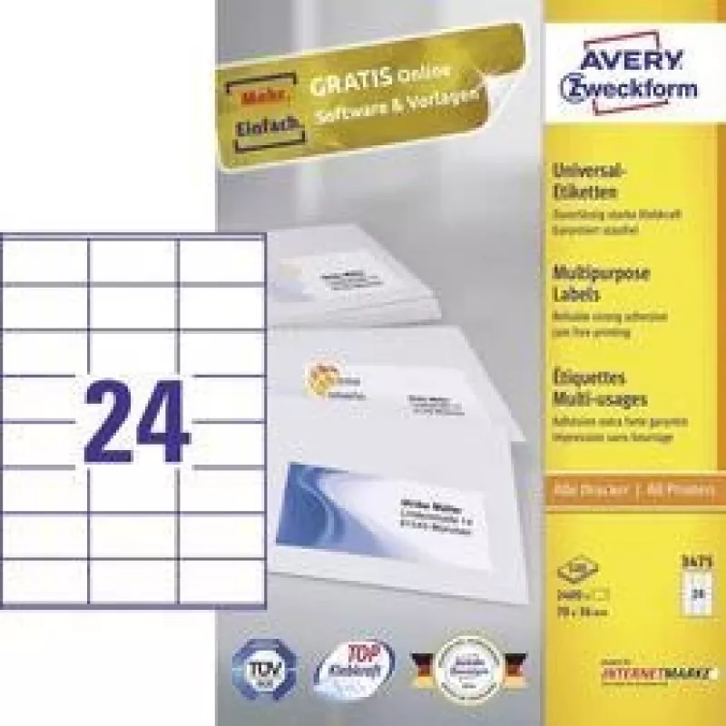 Avery universalios etiketės lazeriniams, kopijuokliams, rašaliniams 24 lape 70x36mm