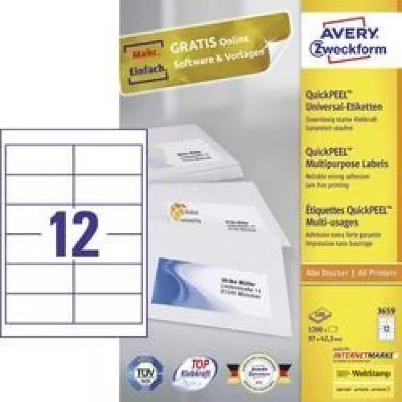 Avery 3659 lipnios etiketės Stačiakampė Nuolatinė Balta 1200 vnt.