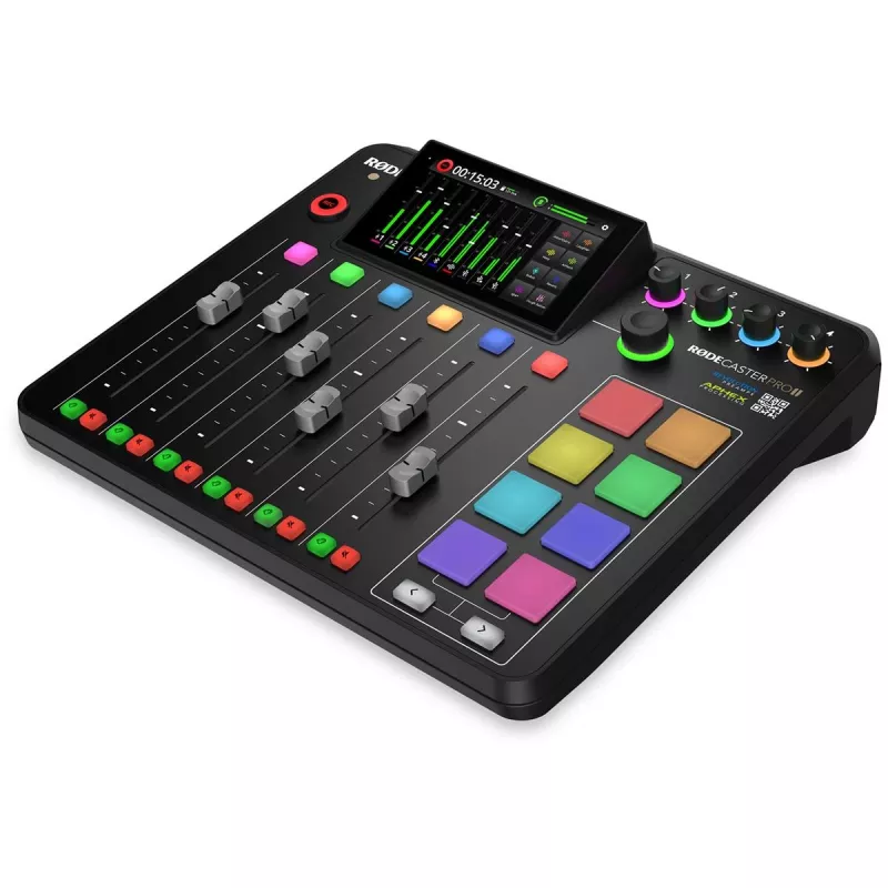 Studijos valdiklis RØDE Caster Pro II Juoda — 4 XLR/TRS kombinuoti lizdai, 4 ausinių išėjimai, 8 padas, jutiklinis ekranas, Wi‑Fi, Bluetooth, USB‑C