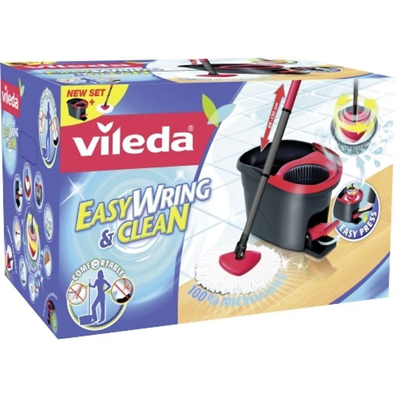 Šluota VILEDA EasyWring & Clean Turbo, raudonas technopolimero kibiras, nuimama plaunama mikro pluošto šluostė, kietoms grindims