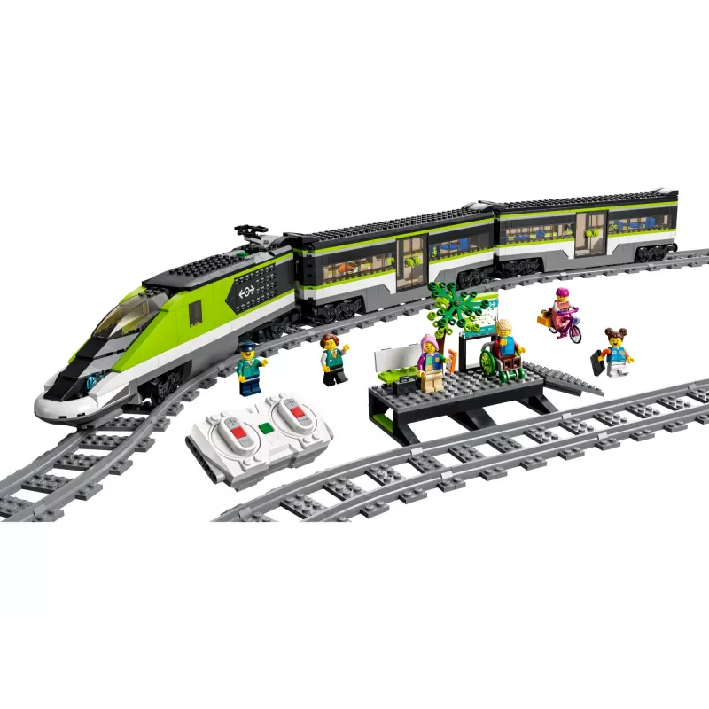 LEGO 60337 City Express keleivinis traukinys su nuotolinio valdymo pulteliu, žaislas vaikams, berniukams ir mergaitėms su veikiančiais priekiniais žibintais, 2 vagonais ir 24 bėgių detalėmis