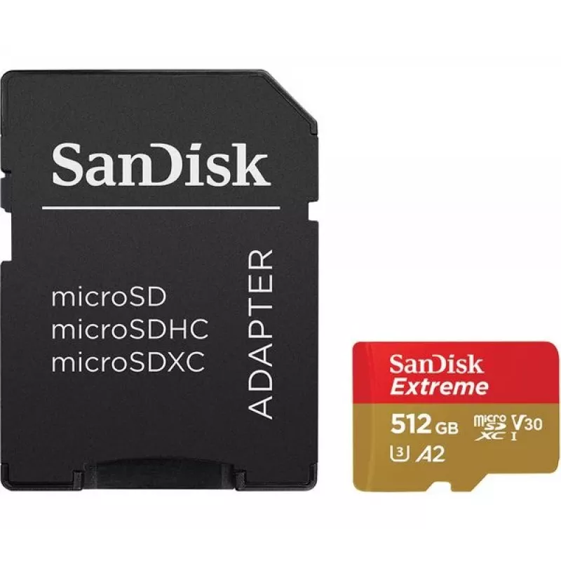 MicroSDHC atminties kortelė SANDISK Extreme 512 GB UHS-I A1 V30 U3 Class 10, skaitymo greitis 190 MB/s, rašymo greitis 130 MB/s, su SD adapteriu