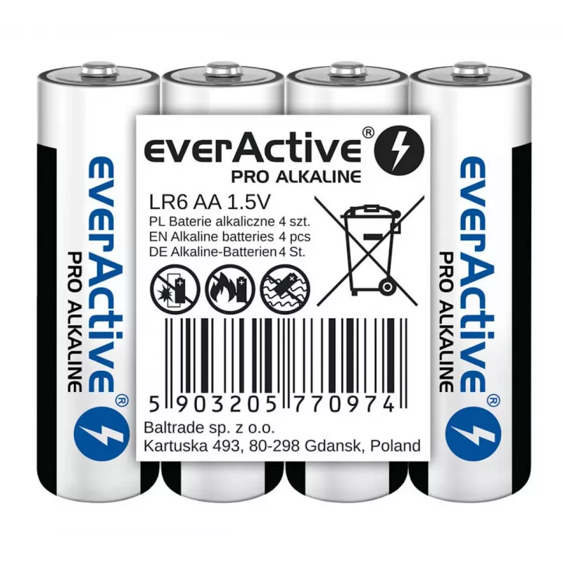 Šarminės baterijos everActive LR6 AA pakuotėje 4 vnt. — 1,5 V, 3000 mAh, 50,5×14,5 mm