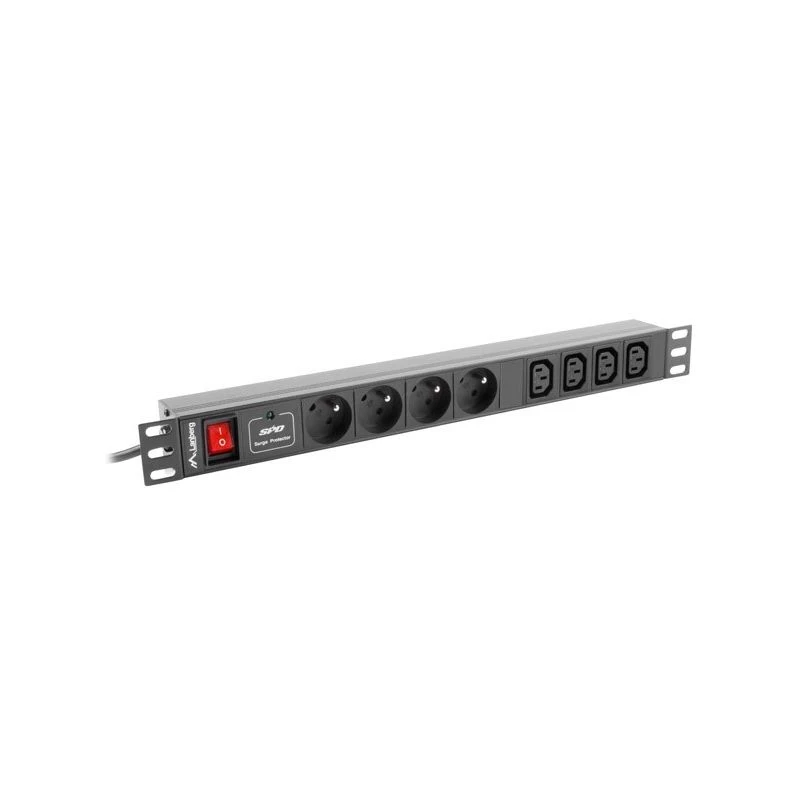 Maitinimo paskirstymo įrenginys LANBERG PDU-04E04I-0200-BK — 4× C13 lizdai, 16 A, 220–250 V, 2 m kabelis, 1U horizontalus, juodas