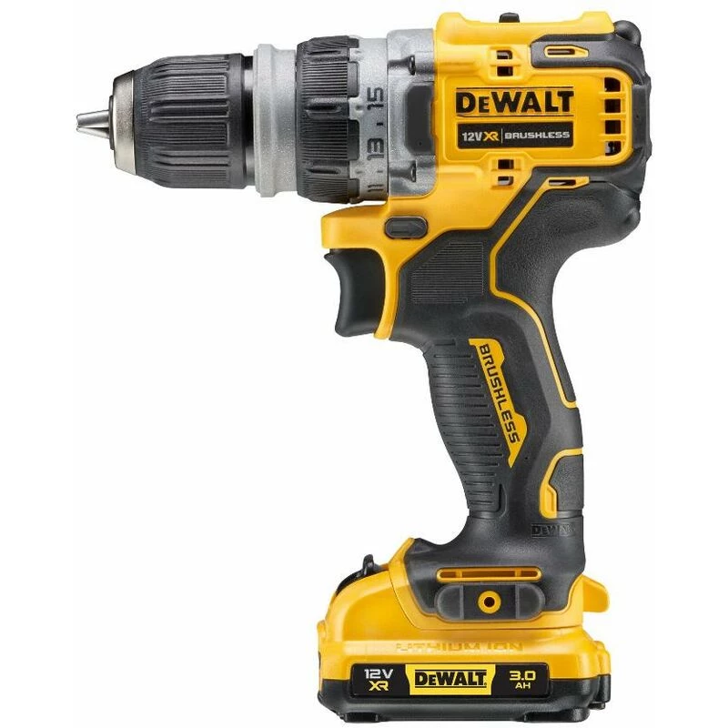 Pistoleto formos grąžtas DeWalt DCD703L2T-QW — 12V, 3,0Ah x2, 1500 aps./min., 10 mm begalinis griebtuvas, 25,5 N·m, 0,9 kg