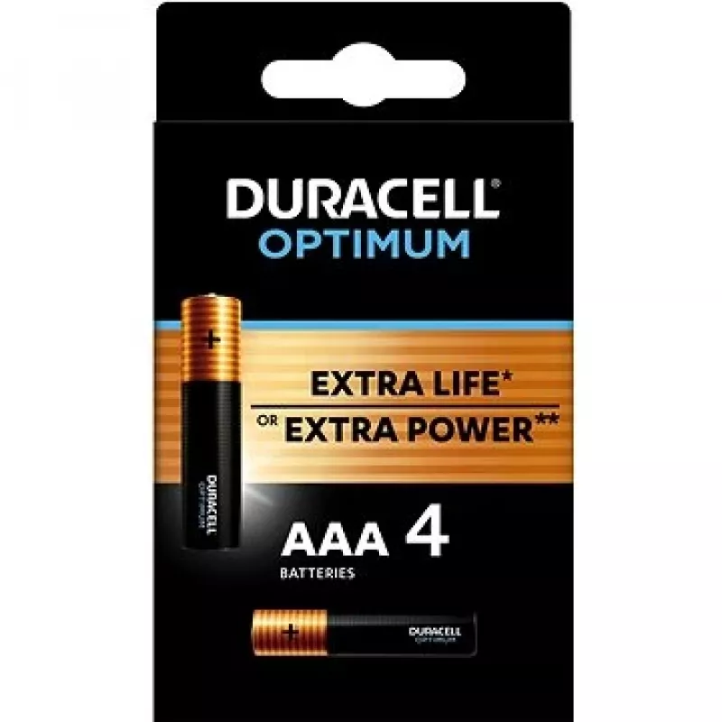 Duracell OPTIMUM AAA šarminės baterijos, pakuotėje 4 vnt. — ilgaamžė energija mažiems prietaisams