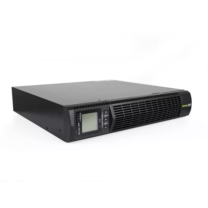 Nepertraukiamo maitinimo šaltinis Green Cell UPS13 — internetinis dvigubos konversijos UPS, 1000 VA / 900 W, gryna sinusinė banga, 6 kintamosios srovės lizdai, LCD, 2×12V 9Ah baterijos
