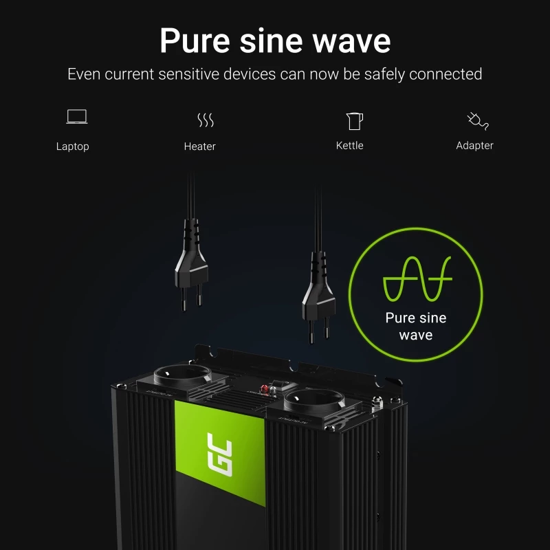 Automobilinis inverteris Green Cell INV21 6000 W, 24V nuolatinės srovės į kintamąją, 230V išvestis, 2x USB PD, aktyvus aušinimas, nuimamos nuolatinės srovės jungtys, juoda