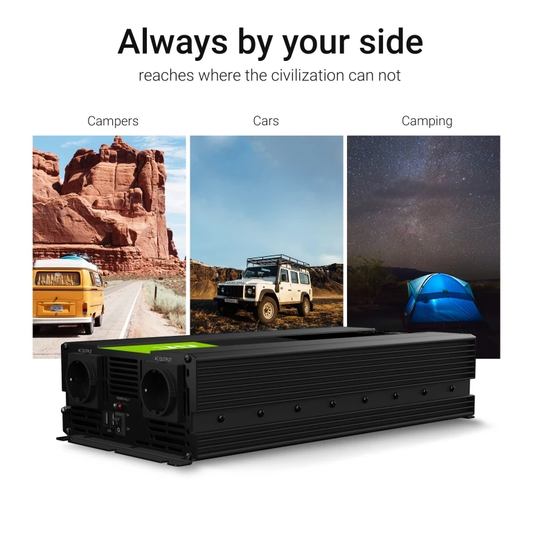 Automobilinis inverteris Green Cell INV21 6000 W, 24V nuolatinės srovės į kintamąją, 230V išvestis, 2x USB PD, aktyvus aušinimas, nuimamos nuolatinės srovės jungtys, juoda