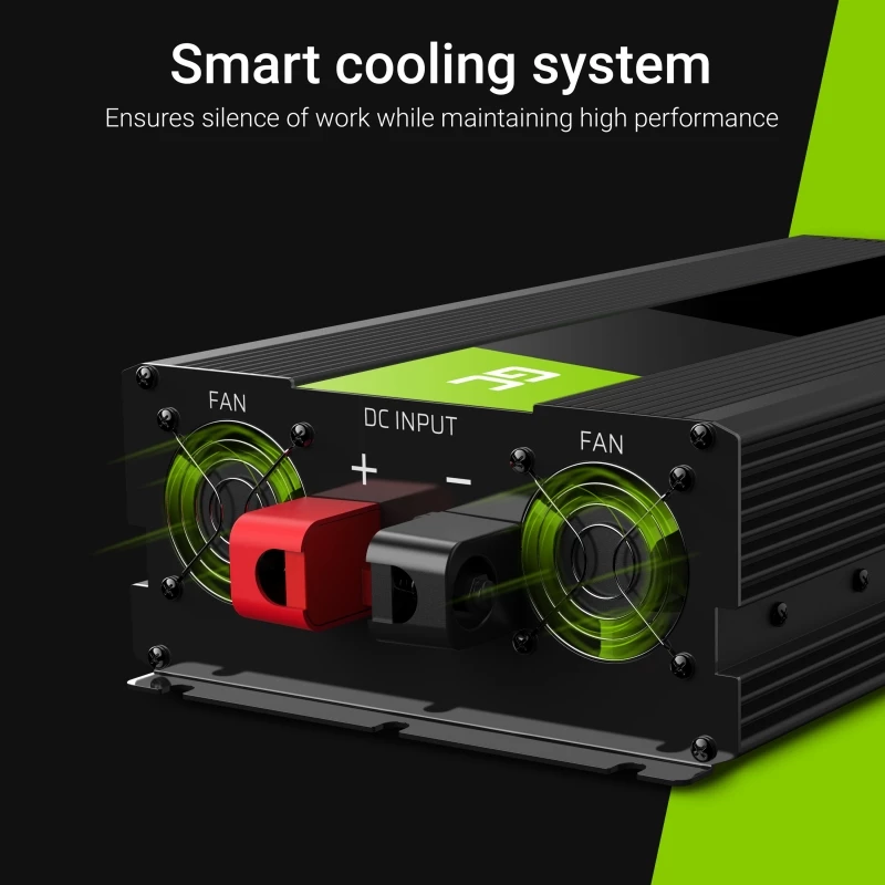 Automobilinis inverteris Green Cell INV21 6000 W, 24V nuolatinės srovės į kintamąją, 230V išvestis, 2x USB PD, aktyvus aušinimas, nuimamos nuolatinės srovės jungtys, juoda