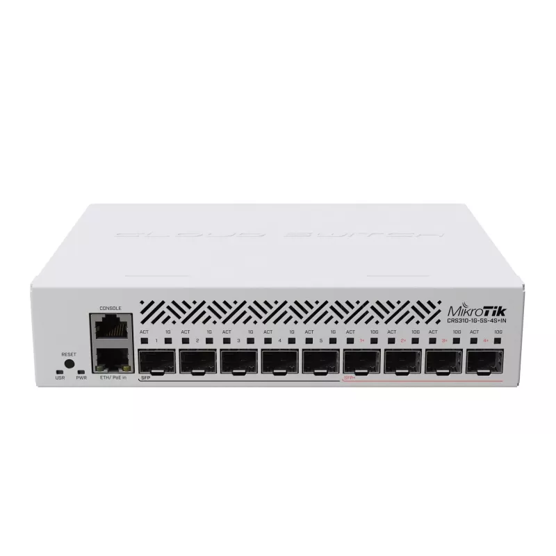 Valdomas L3 tinklo komutatorius MikroTik CRS310-1G-5S-4S+IN — 1U, 1x Gigabit, 5x SFP, 4x SFP+, 10G, DC/PoE 18–57V, 20W maks.