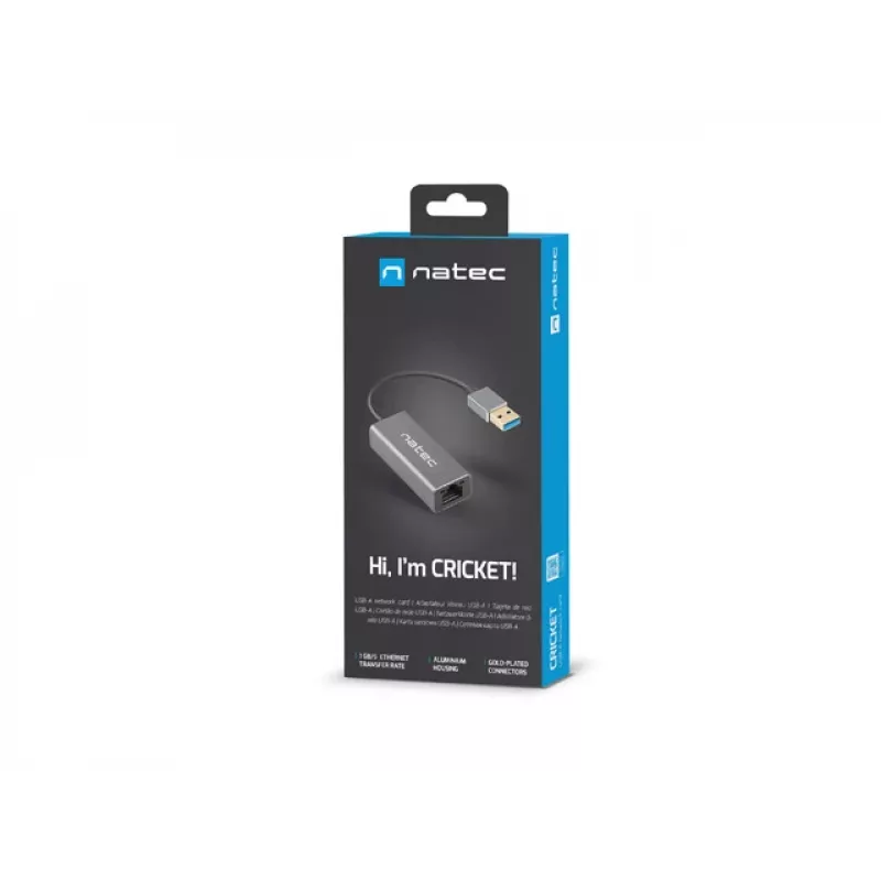USB šakotuvas NATEC Cricket USB 3.2 Gen 1 Type-A su RJ-45 Ethernet 1000 Mbit/s, aliuminio korpusas, juodas