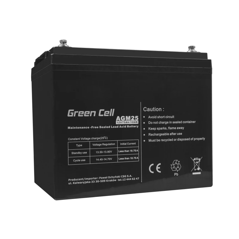 Hermetiška AGM akumuliatoriaus baterija UPS Green Cell AGM25 12 V 75 Ah, VRLA, 75Ah, 12V, 21.3 kg