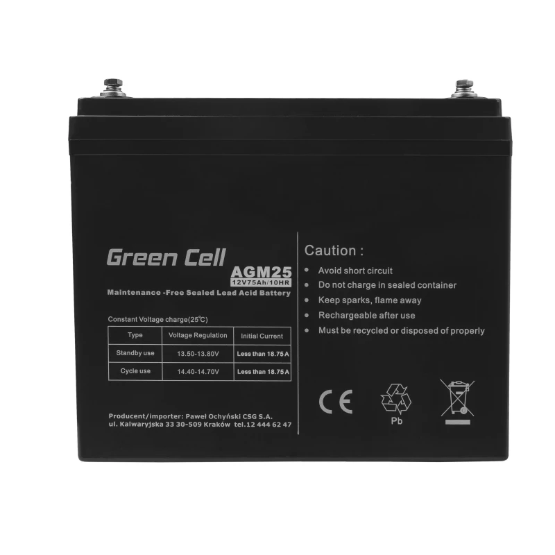 Hermetiška AGM akumuliatoriaus baterija UPS Green Cell AGM25 12 V 75 Ah, VRLA, 75Ah, 12V, 21.3 kg