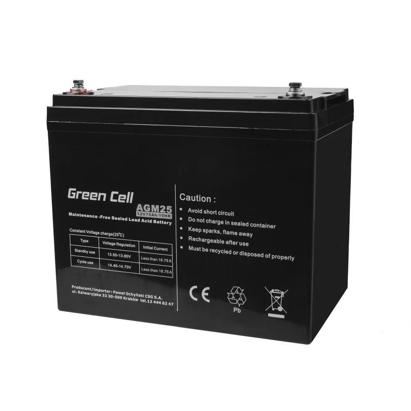 Hermetiška AGM akumuliatoriaus baterija UPS Green Cell AGM25 12 V 75 Ah, VRLA, 75Ah, 12V, 21.3 kg