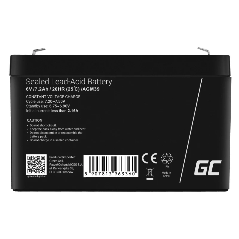 Green Cell AGM39 pramoninė įkraunama baterija 7200 mAh 6 V