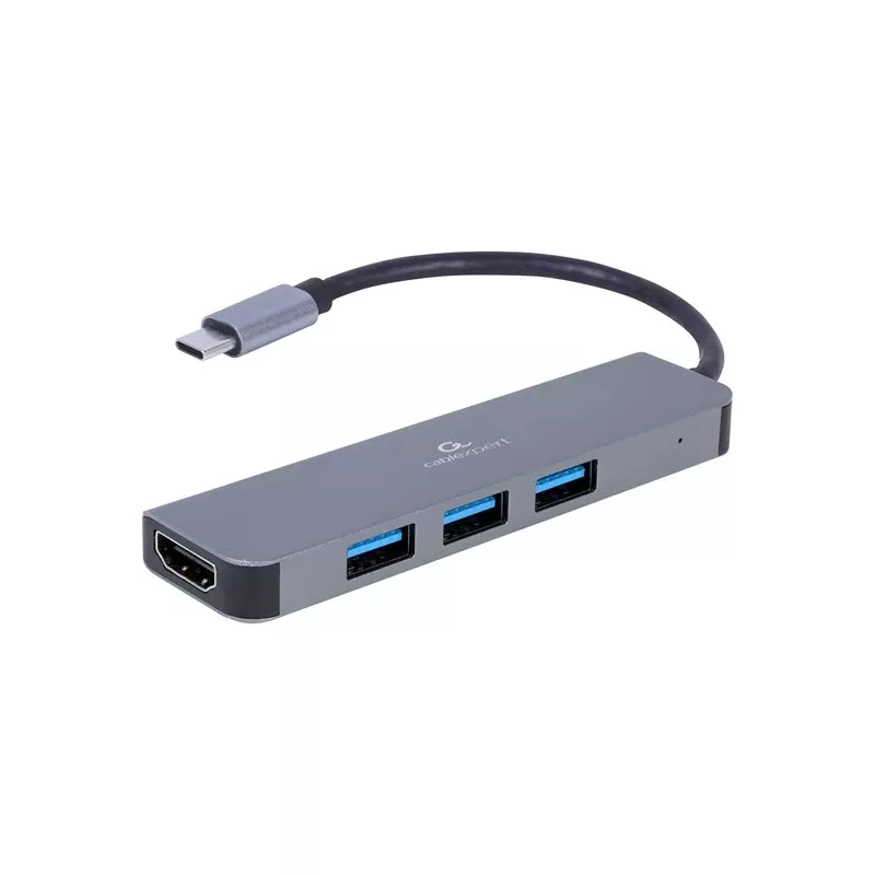 USB-C nešiojamojo kompiuterio dokas GEMBIRD A-CM-COMBO2-01 — USB 3.2 Gen 1 Type-C, 3× USB-A, 1× HDMI, pilkas