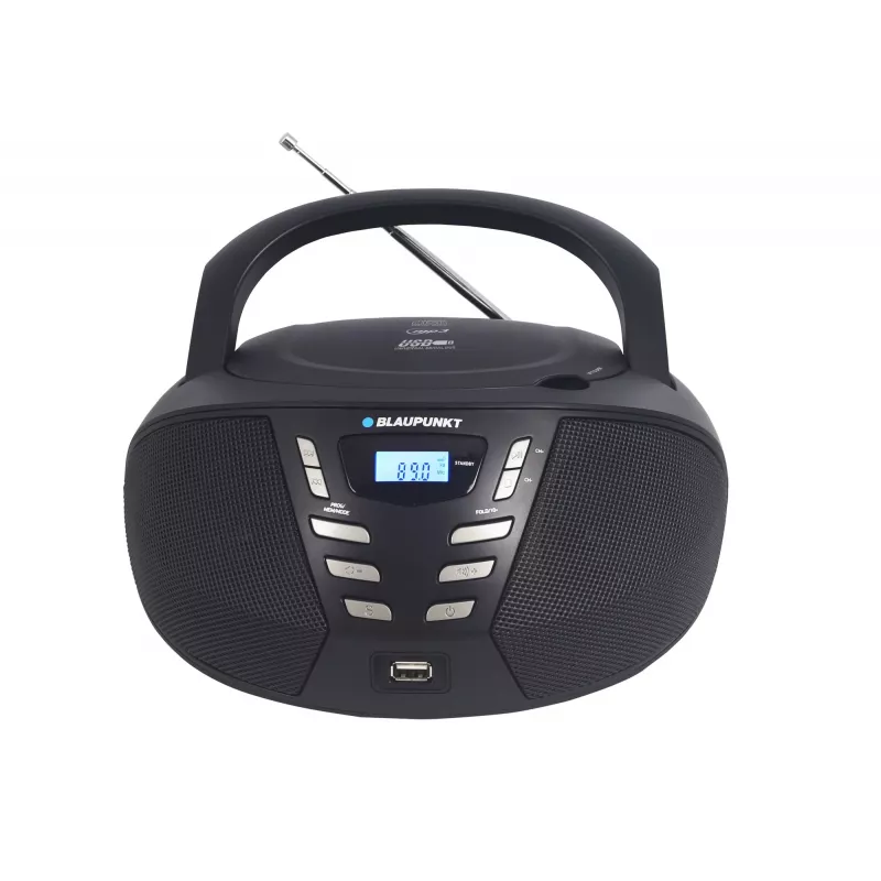 Nešiojamas CD grotuvas Blaupunkt BB7BK — MP3, FM radijas, USB, AUX, maitinamas baterijomis, 2 įmontuoti garsiakalbiai, 240×230×128 mm