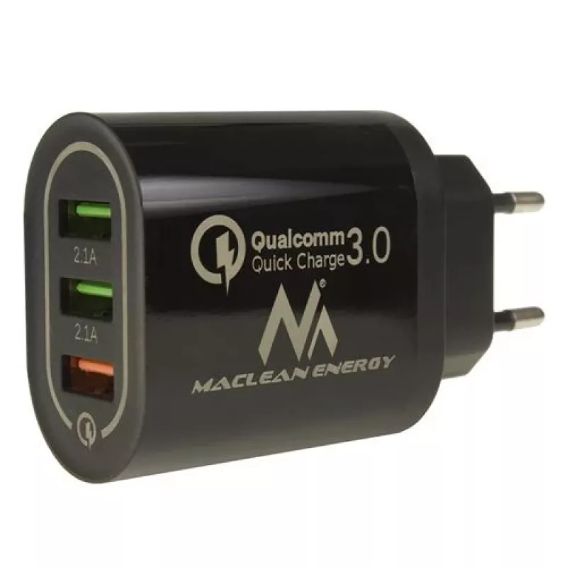 USB sieninis įkroviklis MACLEAN MCE479B — 3 USB prievadai, 18 W bendra galia, kompaktiškas