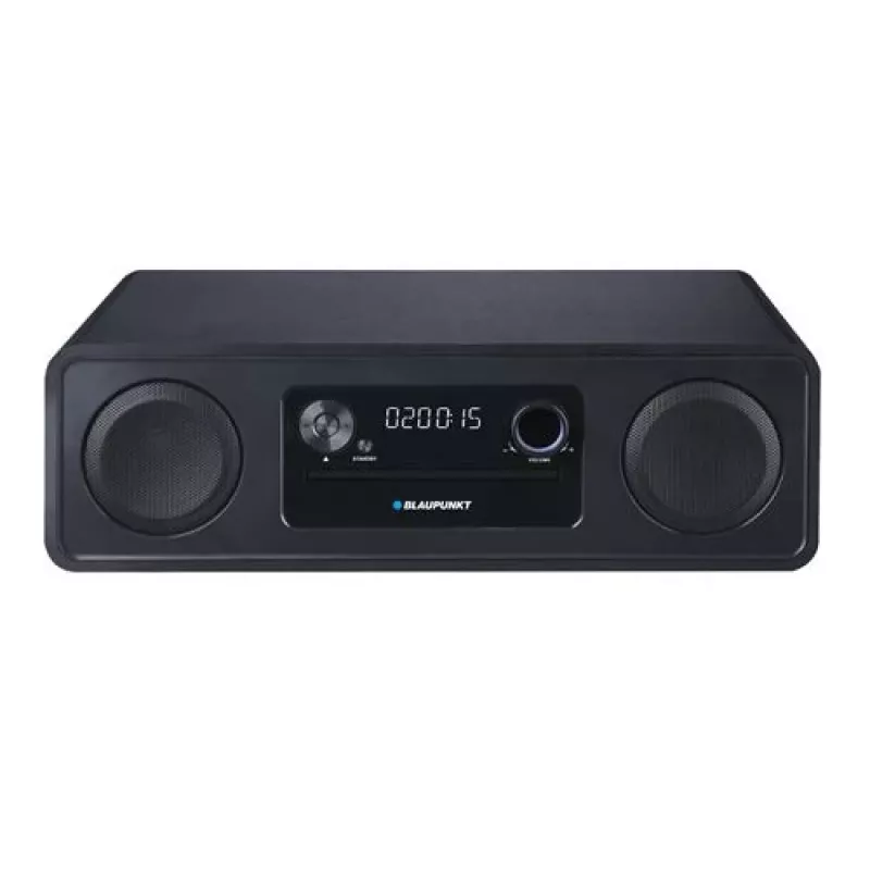 Mikro Hi-Fi sistema BLAUPUNKT MS20BK — CD/MP3/WMA, Bluetooth 5.0, FM, USB, MicroSD, 2×20W RMS, AUX, RCA, LED ekranas, 100–240V, juoda