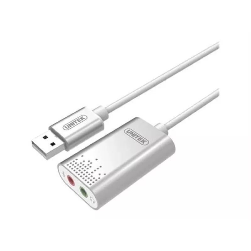 Garso keitiklis Unitek Y-247A, sidabrinis, USB Typee-A jungtis, kompaktiškas 12×28×46 mm