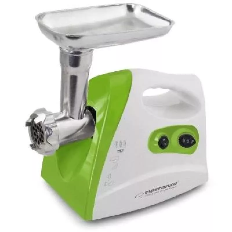 Mėsmalė ESPERANZA EKM012G — 600 W, nerūdijančio plieno ašmenys, dešrų antgalis, kebabų formavimo antgalis, reversinė funkcija, neslidžios kojelės, balta/žalia