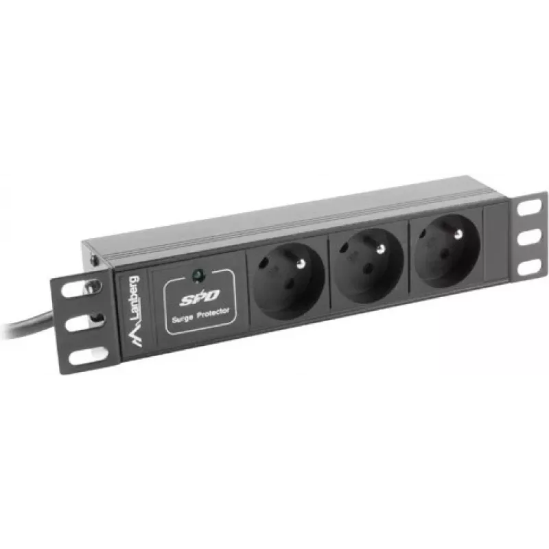 Maitinimo skirstymo įrenginys LANBERG PDU-03E-0200-BK — 1U, 3x E tipo lizdai, 220–250 V, 16 A, 2 m laidas, juodas