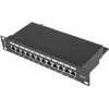 Pertaisymo skydelis LANBERG PPF6-9012-B — 12 prievadų RJ45, metalinis, juodas, 1U (215×44,5×130 mm)