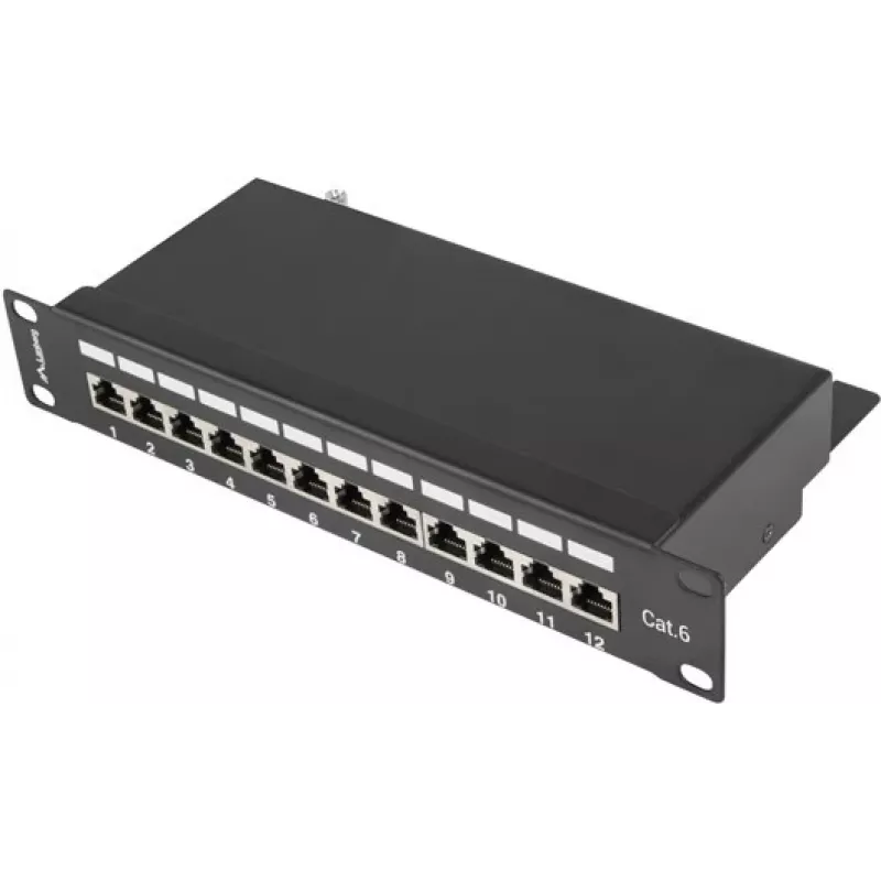 Pertaisymo skydelis LANBERG PPF6-9012-B — 12 prievadų RJ45, metalinis, juodas, 1U (215×44,5×130 mm)