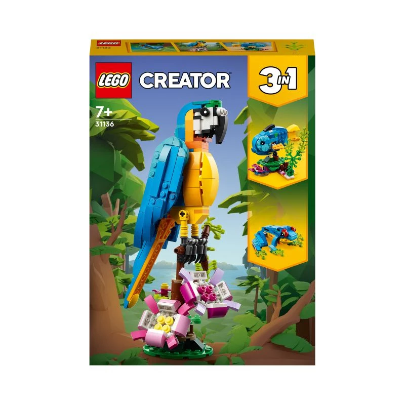 LEGO konstravimo rinkinys Egzotiška papūga 31136 — Creator parodomasis modelis, 253 dalys, 220×120×110 mm