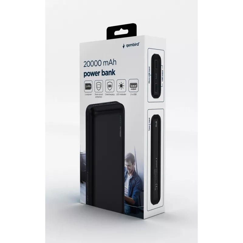 Gembird PB20-02 nešiojamas įkroviklis (power bank) Ličio polimeras (LiPo) 20000 mAh Juodas