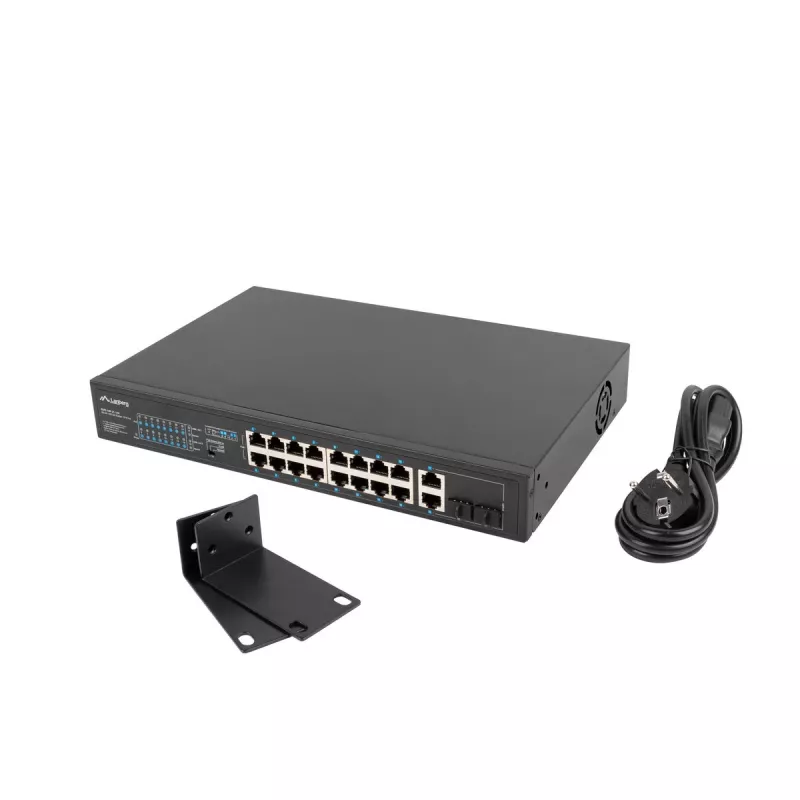 Nevaldomas jungiklis LANBERG RSFE-16P-2C-150 — 18 prievadų Gigabit, 16 PoE+/2 SFP, 150 W bendra galia, 1U stovas, metalinis, juodas