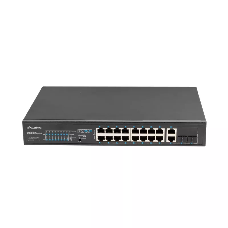 Nevaldomas jungiklis LANBERG RSFE-16P-2C-150 — 18 prievadų Gigabit, 16 PoE+/2 SFP, 150 W bendra galia, 1U stovas, metalinis, juodas