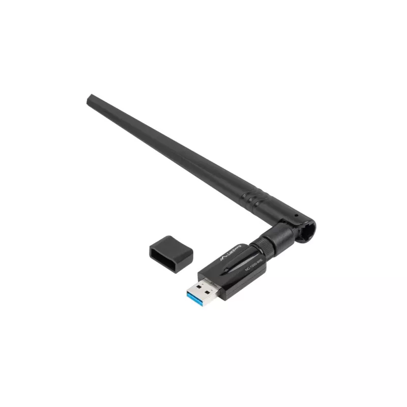 Vidinė WLAN kortelė LANBERG NC-1200-WIE — Dviejų juostų USB WLAN adapteris, RTL8812BU, iki 1200 Mbit/s, išorinės 2x2 antenos (5 dBi), juoda