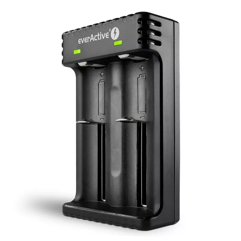 Baterijų įkroviklis everActive LC200 buitinis USB, 2 lizdų, Li-Ion, palaiko A/AA/AAA/AAAA/C/D, 5 V įvestis, 4,2 V išvestis, juodas