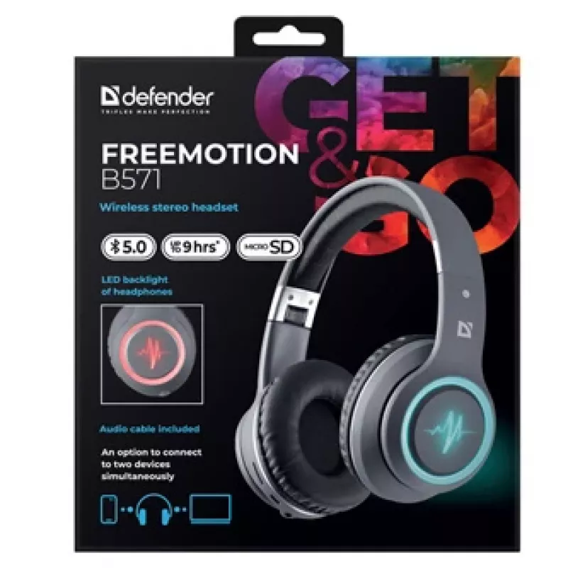 Ausinės DEFENDER FREEMOTION B571 LED belaidės binauralinės, 4 cm tvarkyklės, 6–8 h baterija, uždaro akustinio tipo, 20–20000 Hz