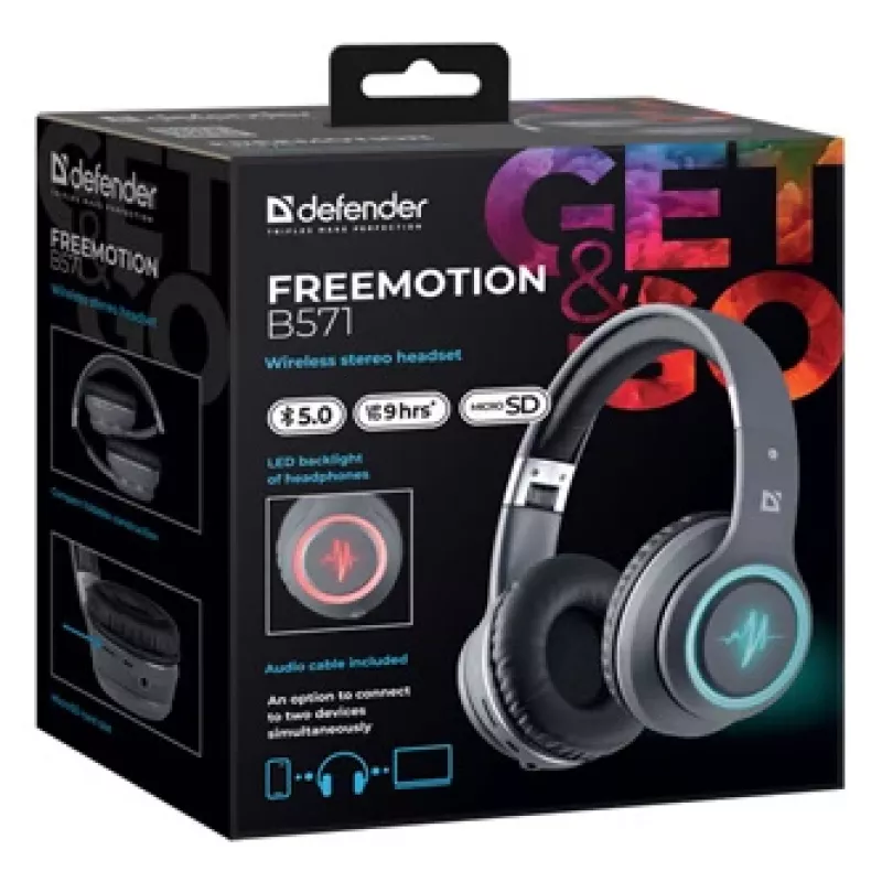 Ausinės DEFENDER FREEMOTION B571 LED belaidės binauralinės, 4 cm tvarkyklės, 6–8 h baterija, uždaro akustinio tipo, 20–20000 Hz